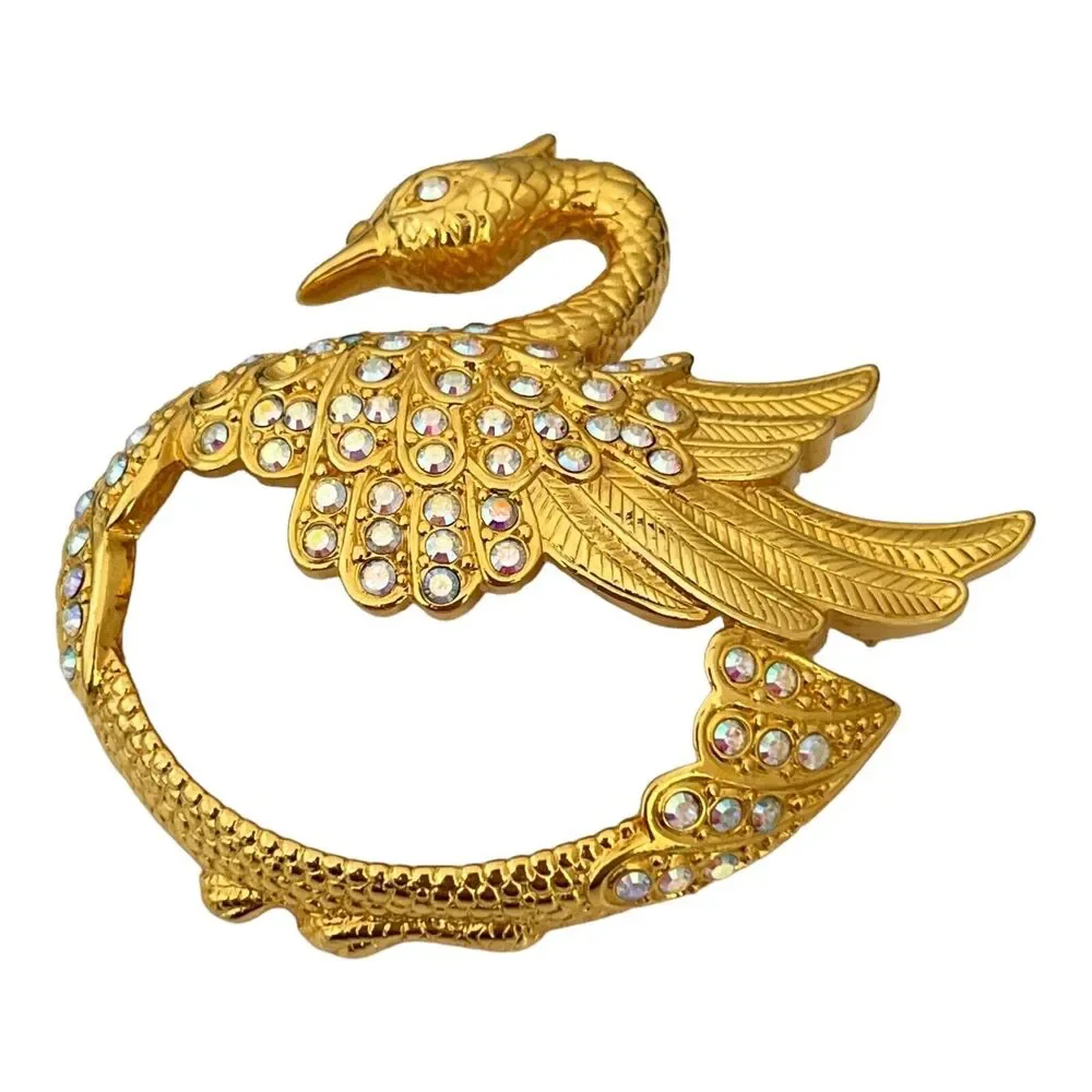 Vintage 1980s Edgar Berebi Swan Brooch AB Crystal Gold Tone - 1E